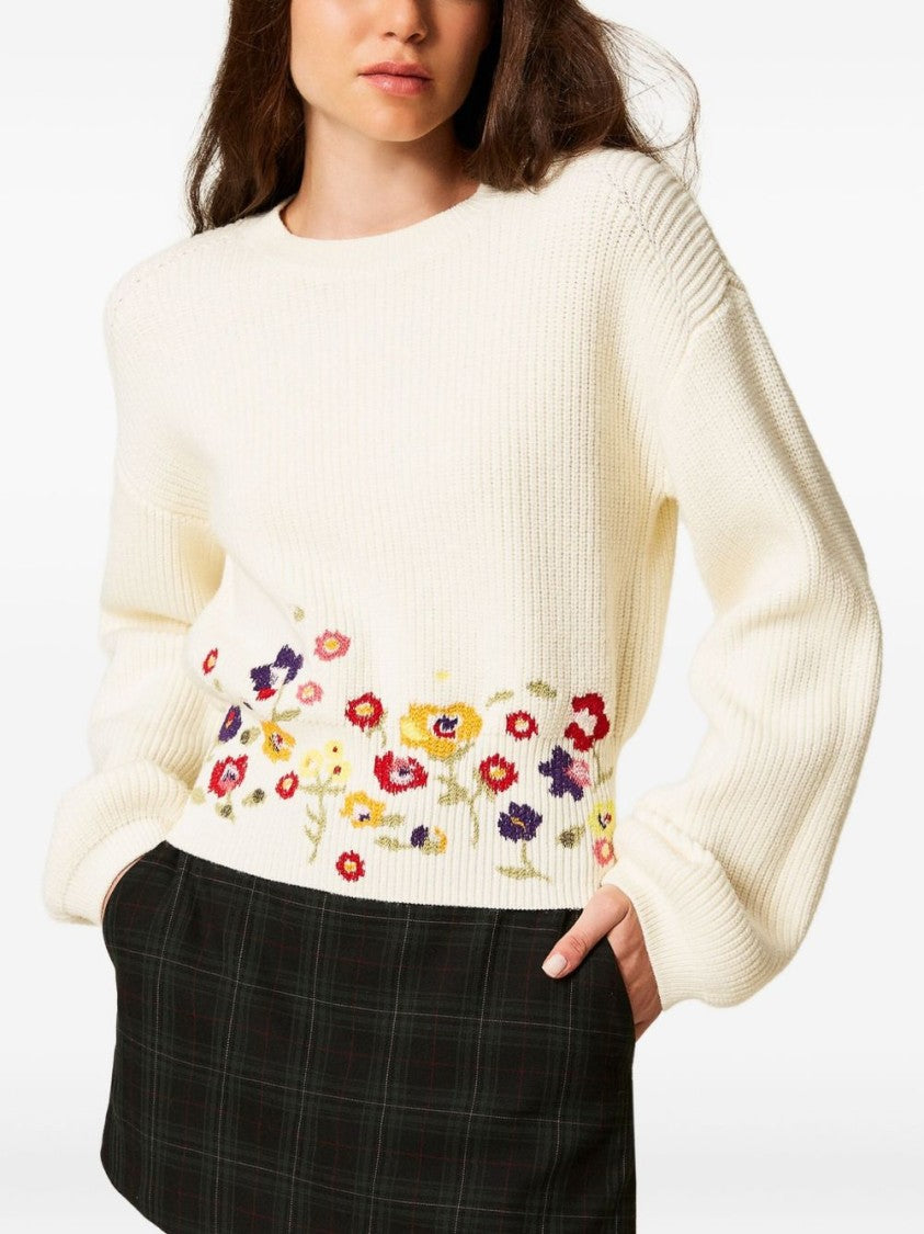 Twin-Set Ribbed Knit Sweater With Floral Embroidery