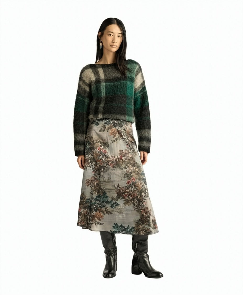 Momonì Hebe Flared Printed Stretch Silk Satin Midi Skirt