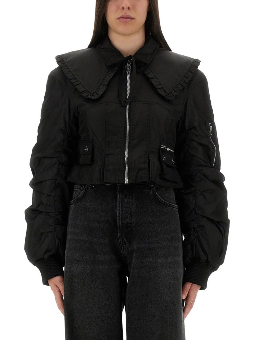 Ganni Cropped Fitted Jacket With Oversized Ruffled Collar