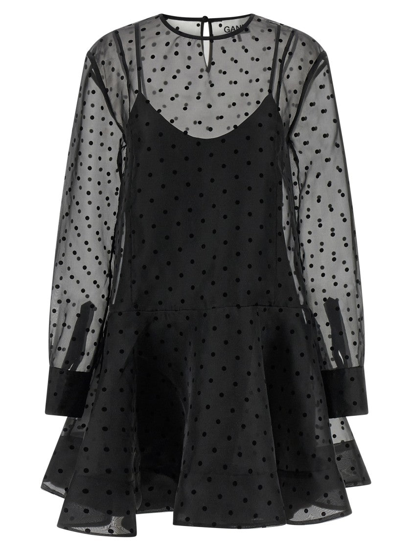 Ganni 'Black Organza Circle Collar' Dress