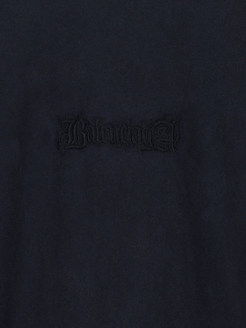 Balenciaga Black Cotton T-Shirt With Tone-On-Tone Embroidered Logo