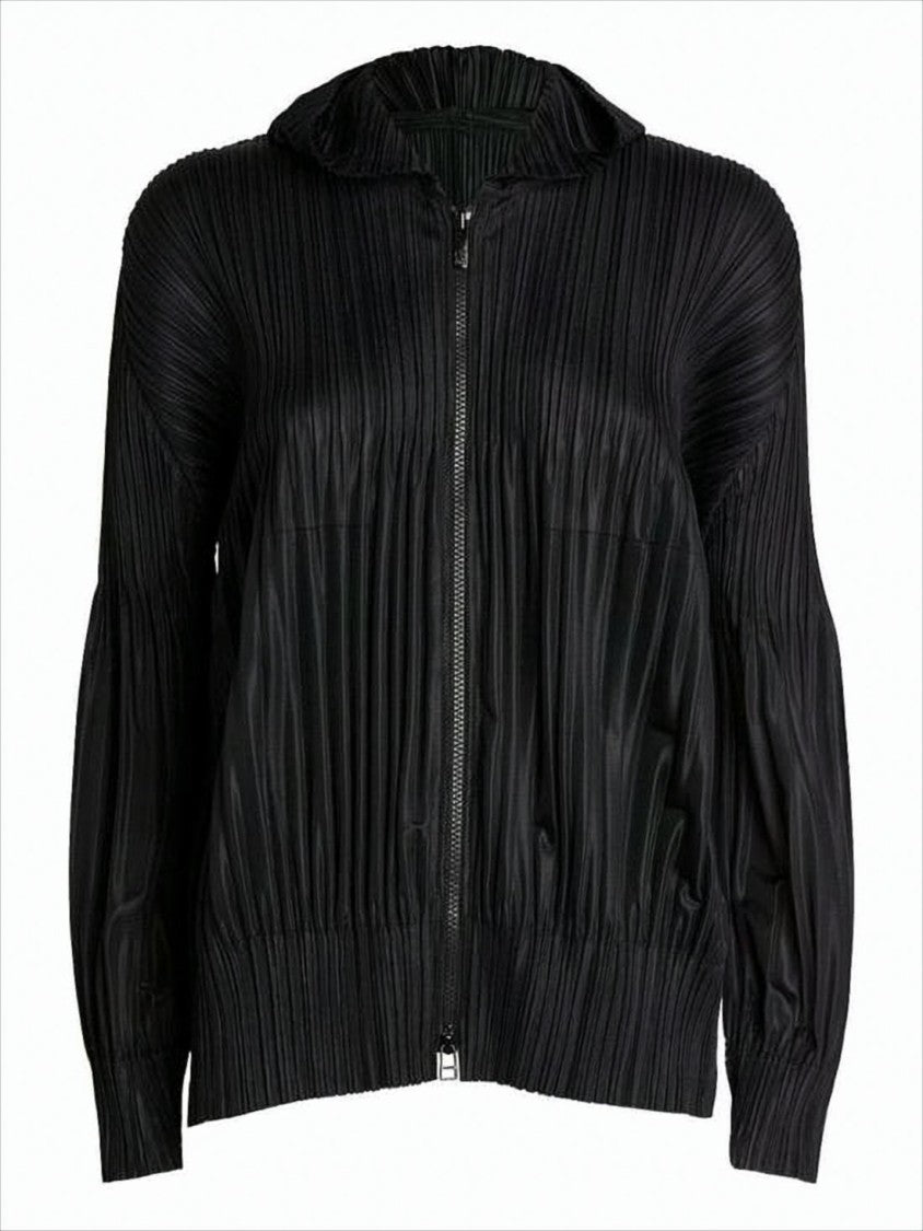 Pleats Please Pleated Texture Black Hooded Zip-Up Top