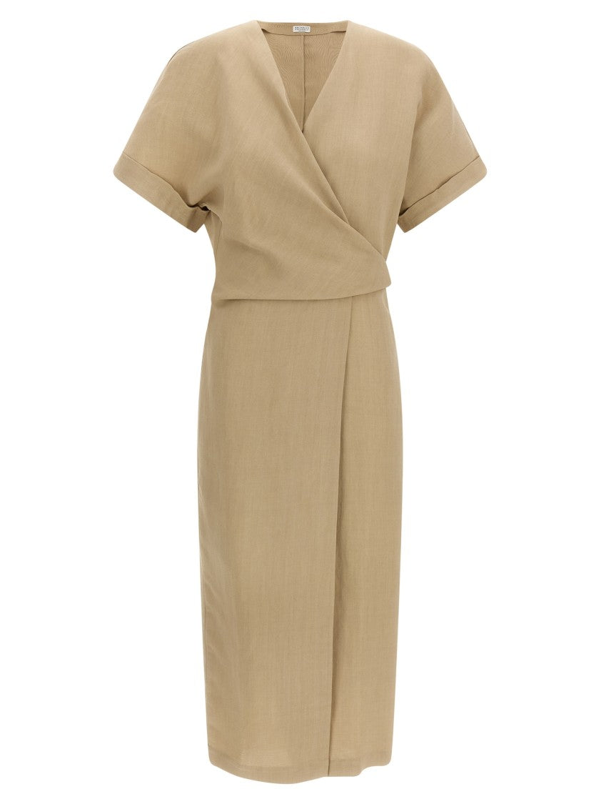 Brunello Cucinelli Viscose And Linen Wrap Midi Dress