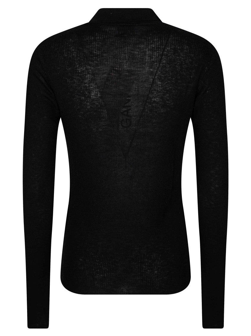 Ganni Sheer Ribbed Wool Gold-Button Polo Shirt