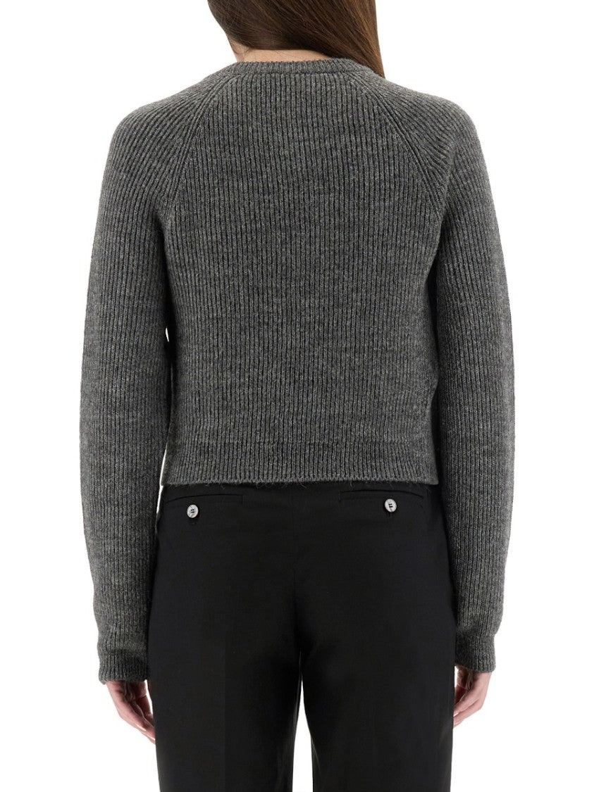 Moschino Ribbed Grey Cropped Sweater With Frayed Hem