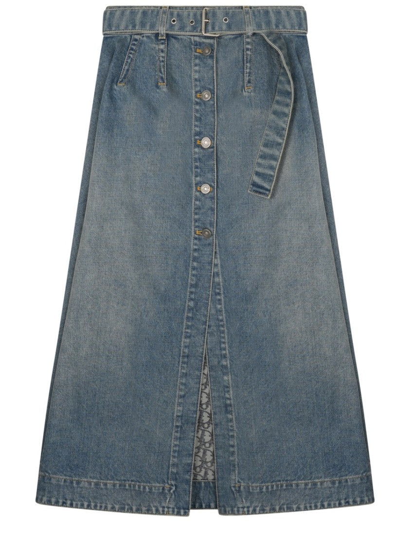 Dior A-Line Midi Denim Skirt With Button Closure And Matching Belt