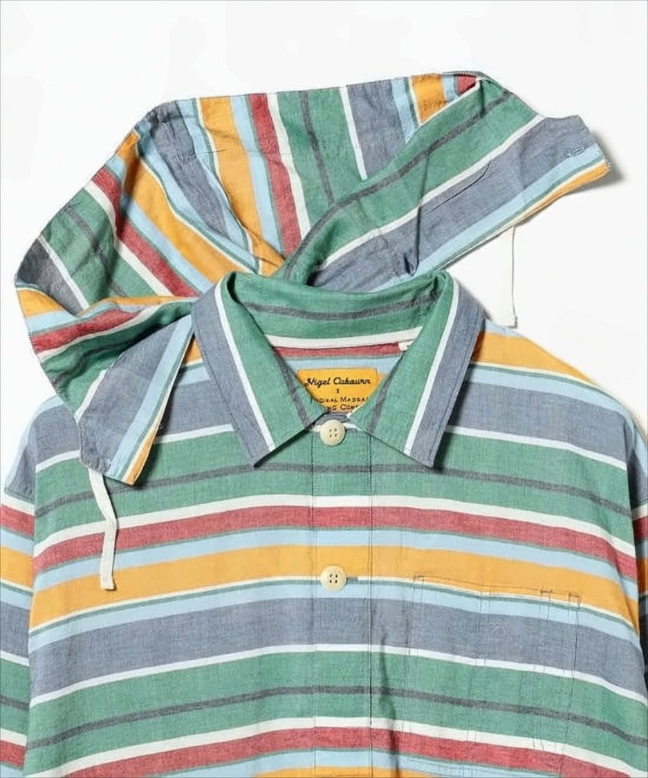 Nigel Cabourn Striped Hooded Shirt With Button-Up Front And Chest Pocket