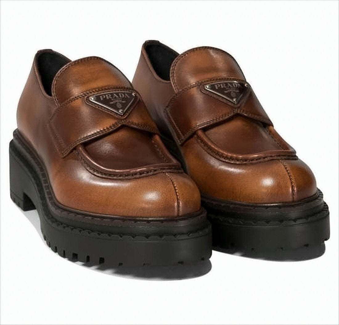 Prada Polished Brown Calf Leather Loafers With Triangular Logo Plaque