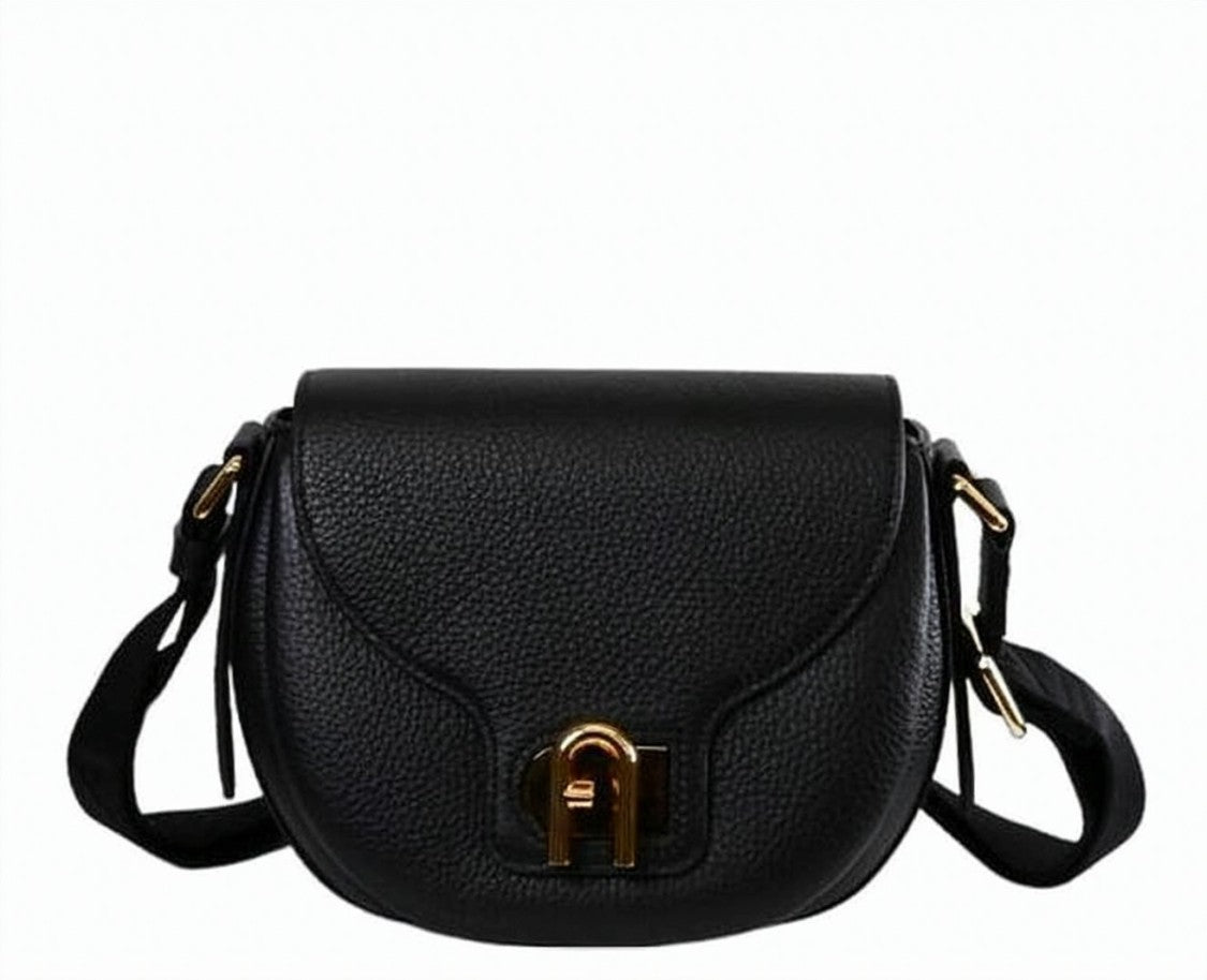 Furla Textured Black Shoulder Bag With Gold-Tone Swivel Closure