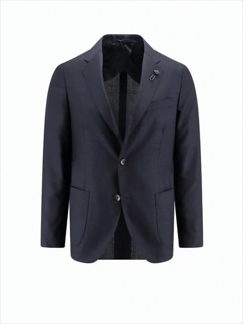 Lardini Tailored Black Jacket With Floral Lapel Pin
