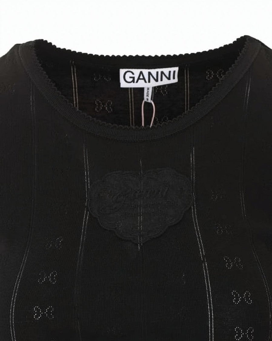 Ganni Fitted Black Short-Sleeved Top With Textured Heart Patch