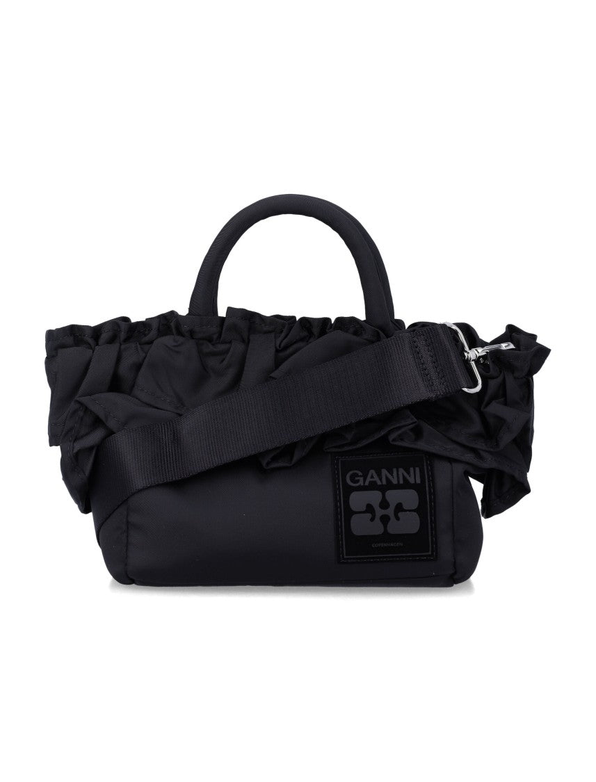 Ganni Black Nylon Ruffled Top Handle Bag