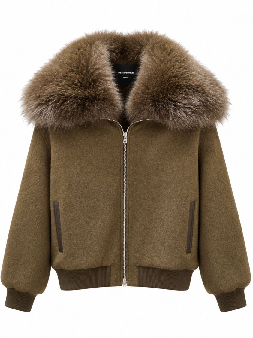 Yves Salomon Wool Flannel Bomber Jacket With Plush Fox Fur Collar