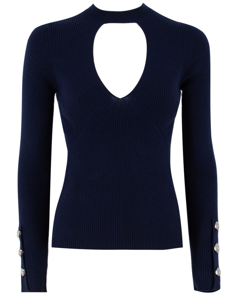 Pinko Navy Blue Ribbed Knit Wool Sweater With Cut-Out Details