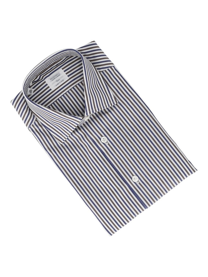 Mazzarelli Camicie Blue White Brown Striped Slim-Fit Cotton Shirt