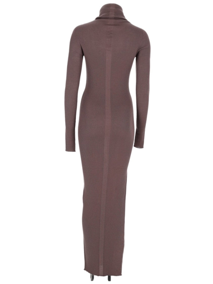 Rick Owens Long Fitted Knit Dress With High Turtleneck And Side Slit