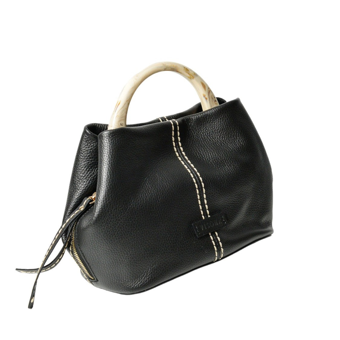 Plinio Visona' Black Leather Handbag With Bamboo Handle