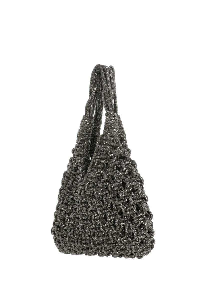 Hibourama Intricate Grey Hematite Jewelry Bag With Woven Crystal Design