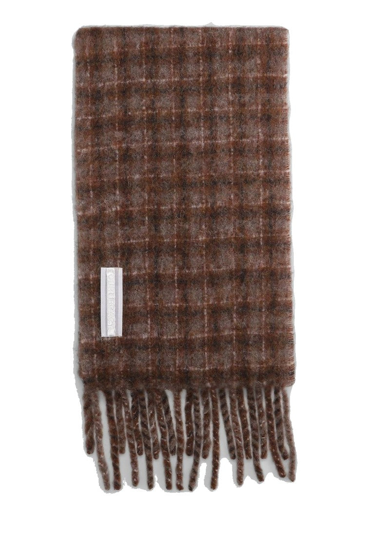 Our Legacy Textured Brown Checkered Scarf With Fringed Edge