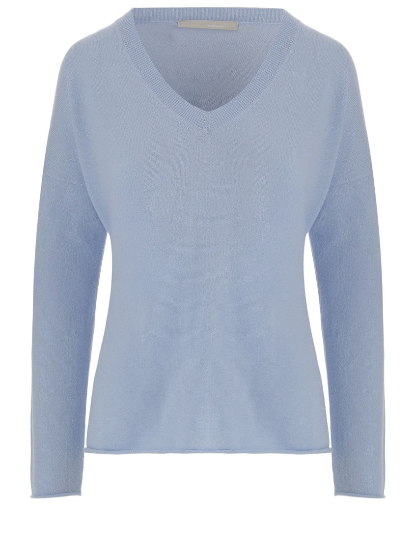 Allude Light Blue Cashmere Sweater With Ribbed V-Neck
