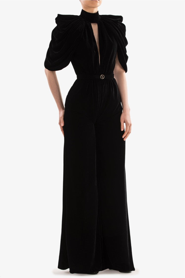 Saiid Kobeisy Jet Black Velvet Jumpsuit
