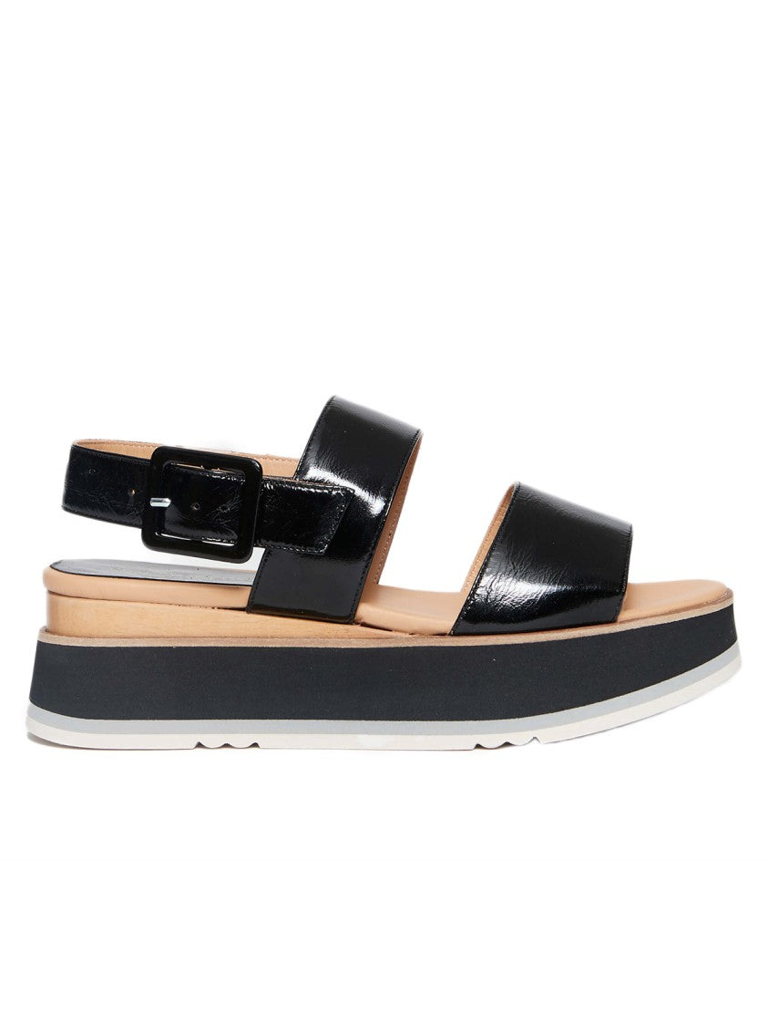 Paloma Barceló Frate Model Black Patent Leather Wedge Sandals