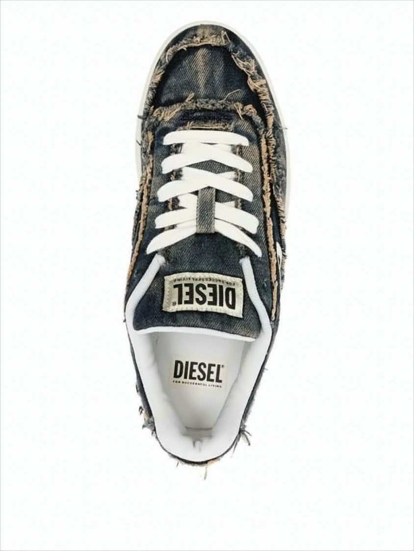 Diesel Distressed Denim Low-Top Sneakers With Textured Sole