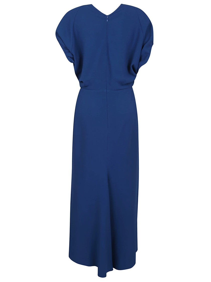 Victoria Beckham Deep V-Neck Midi Dress With Draped Sleeves