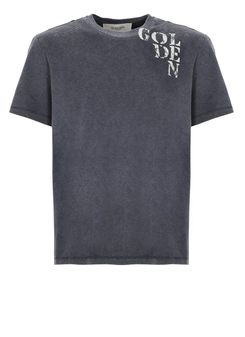 Golden Goose Dark Blue Cotton T-Shirt With Contrasting Logo