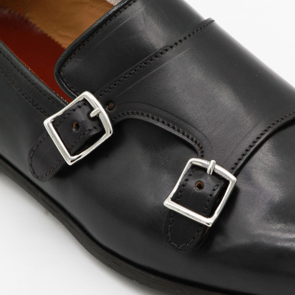 Mille885 Polished Black Leather Monk Strap Flat Shoes