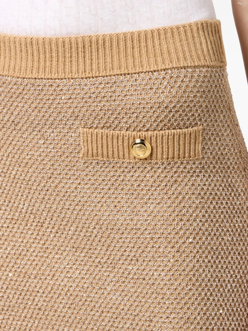 Elisabetta Franchi Beige Textured Knitted Button Mini Skirt