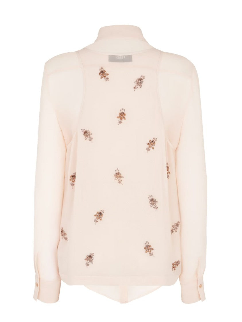 Fendi Embroidered Sheer Georgette Top With Classic Collar
