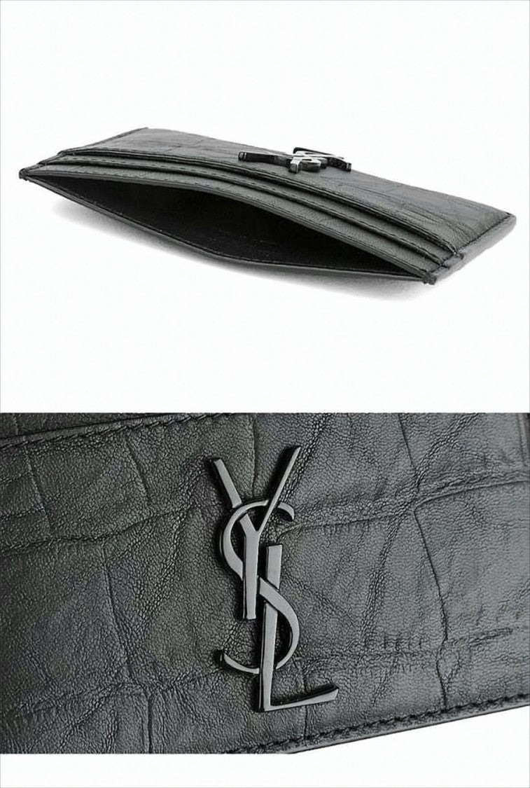 Saint Laurent Textured Sheepskin Card Wallet With Crocodile Pattern