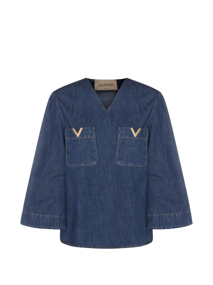 Valentino Blue Boxy Metallic-V Detail Denim Top