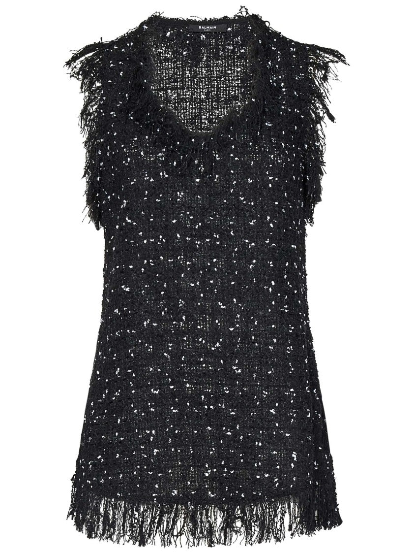 Balmain Embroidered Polka Dot Tweed Sleeveless Top With Fringes