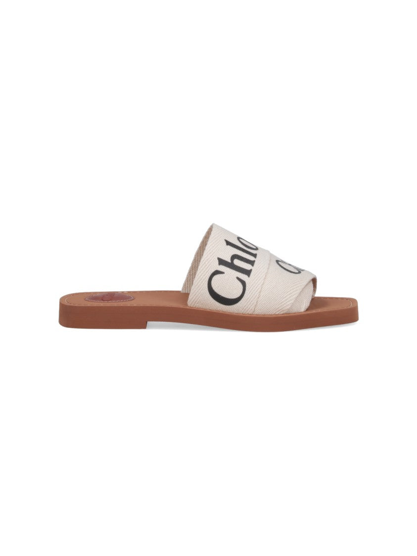 Chloé White Woody Embroidered Linen Sandal