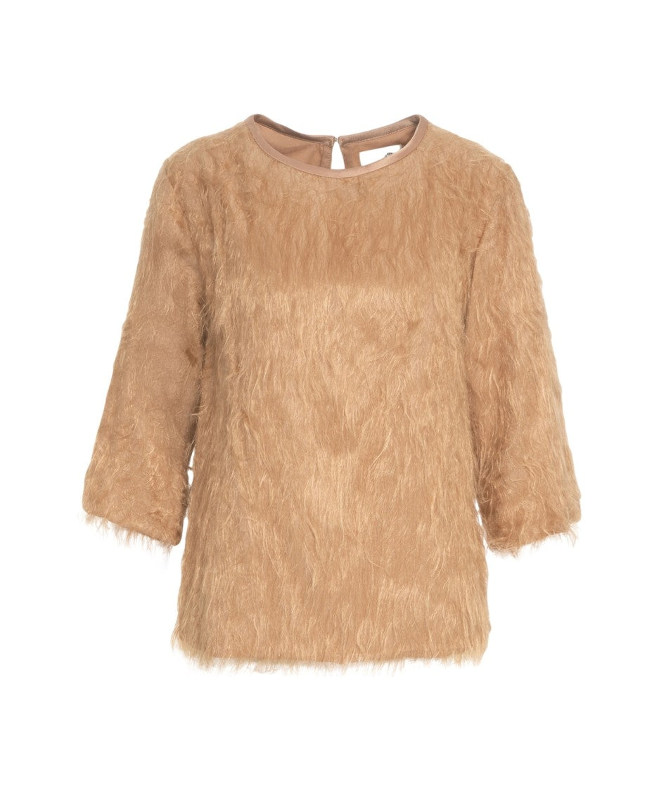 Ottod'ame Fringed Textured Top With Classic Round Neck And Three-Quarter Sleeves