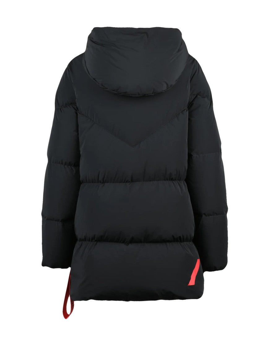 After Label Padded Black Down Jacket With Adjustable Hood And Zippered Pockets