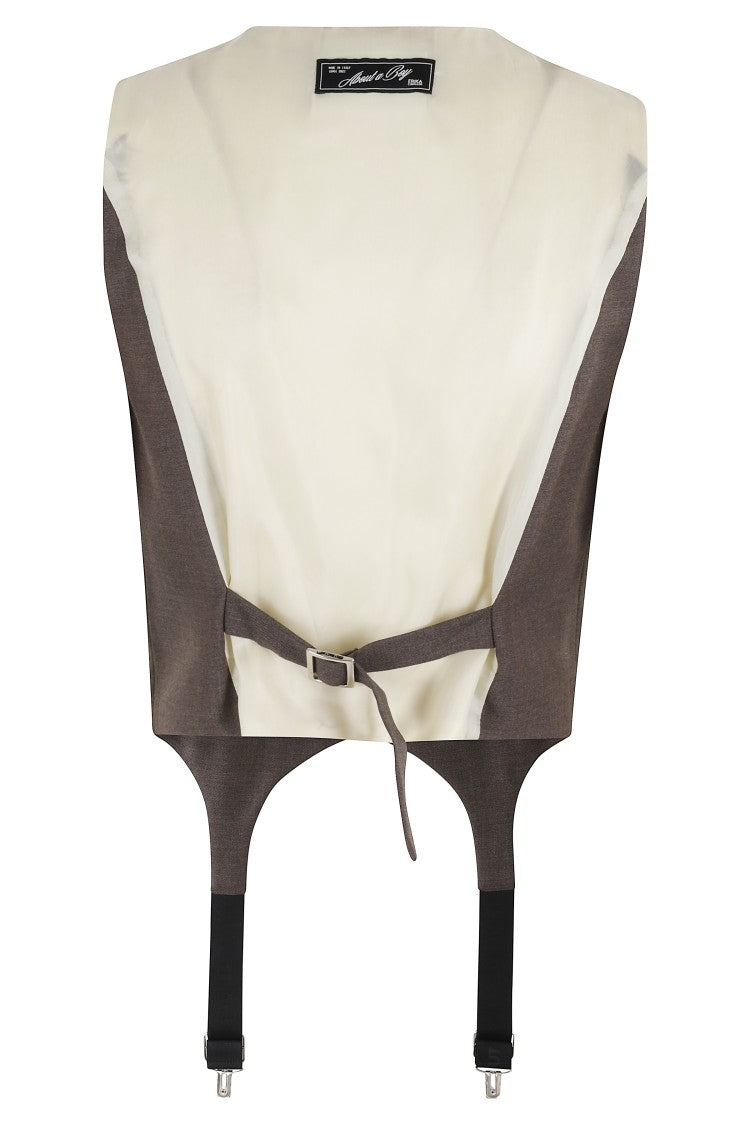 Erika Cavallini V-Neck Taupe Wool Tailored Gilet With Logo Suspenders
