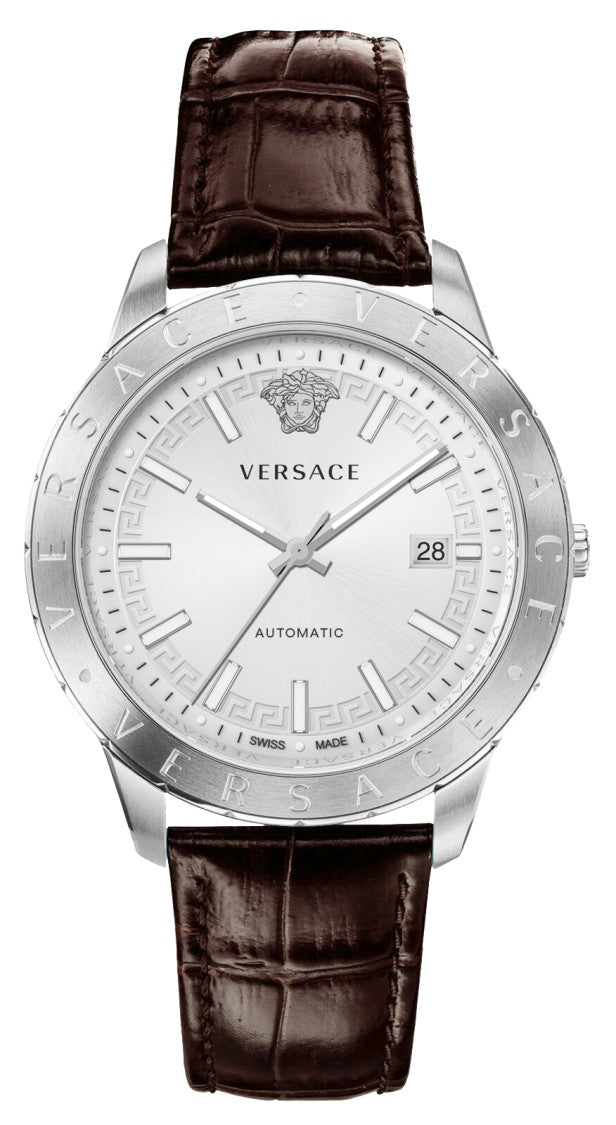 Versace Automatic Stainless Steel Watch With Silver-Tone Dial And Brown Calf Leather Strap