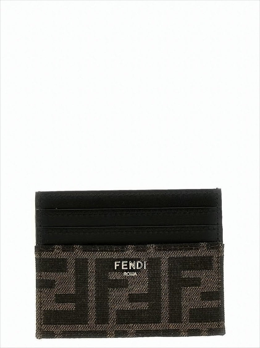 Fendi Geometric Patterned Card Wallet In Black Calfskin