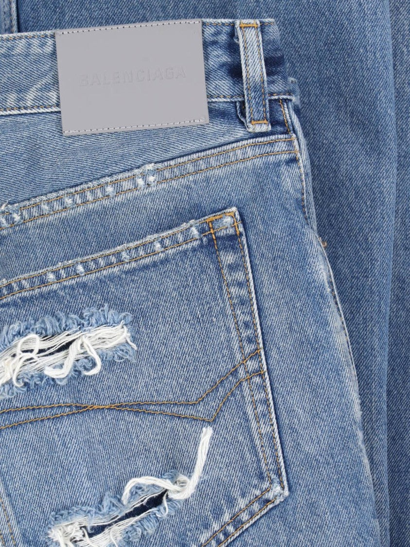 Balenciaga Straight-Leg Blue Cotton Denim Jeans With Distressed Details