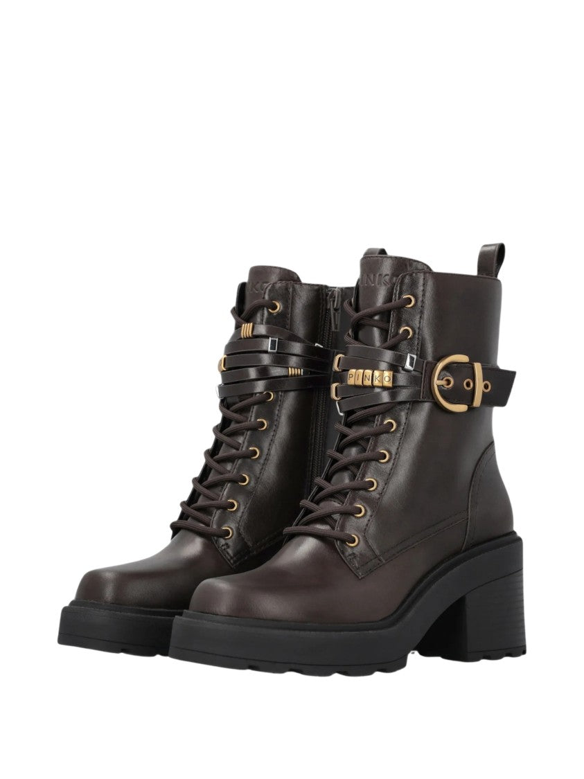 Pinko Deep Brown Leather Ankle Boots With Gold-Tone Accents