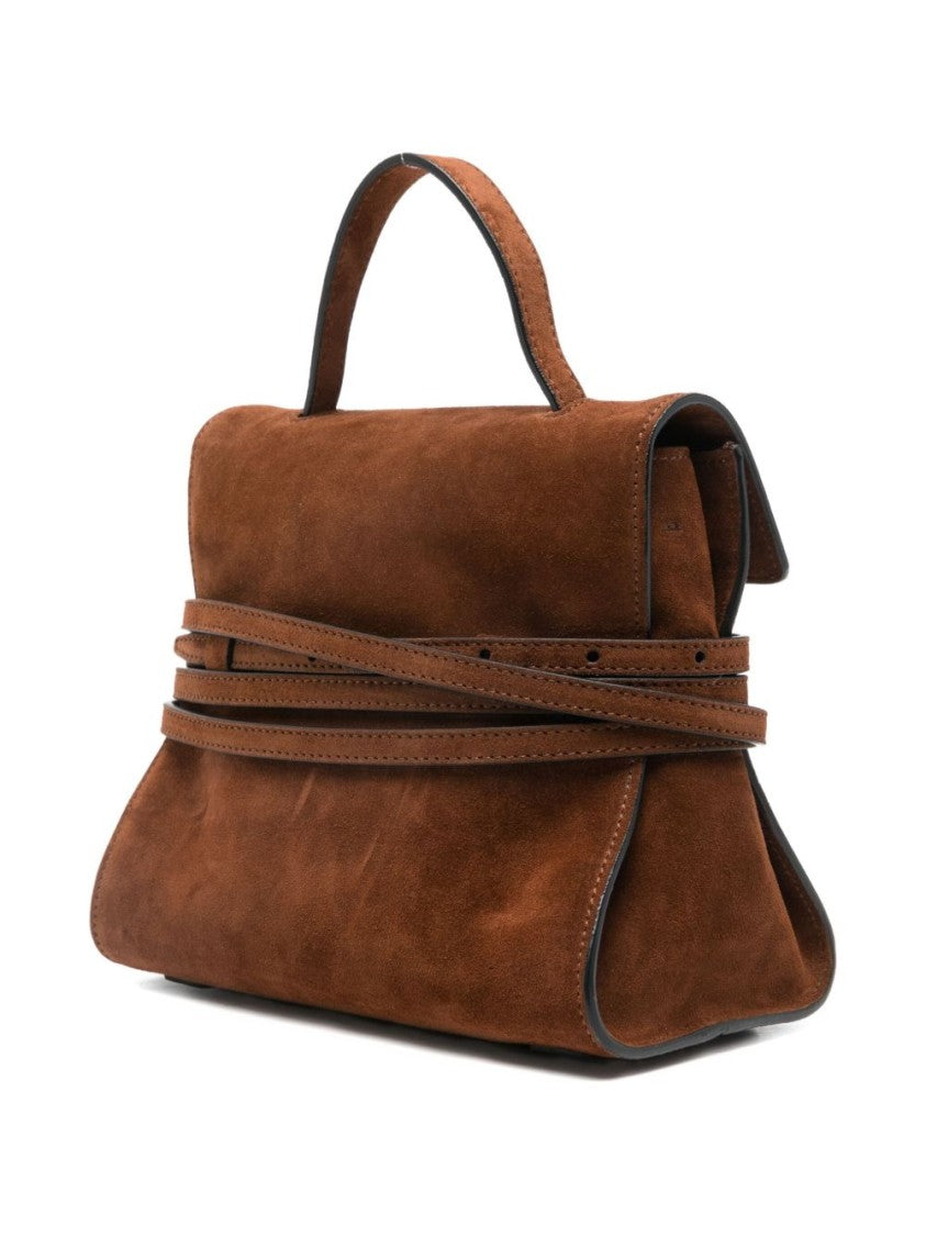 Moschino Structured Brown Suede Top Handle Shoulder Bag With Buckle Detail