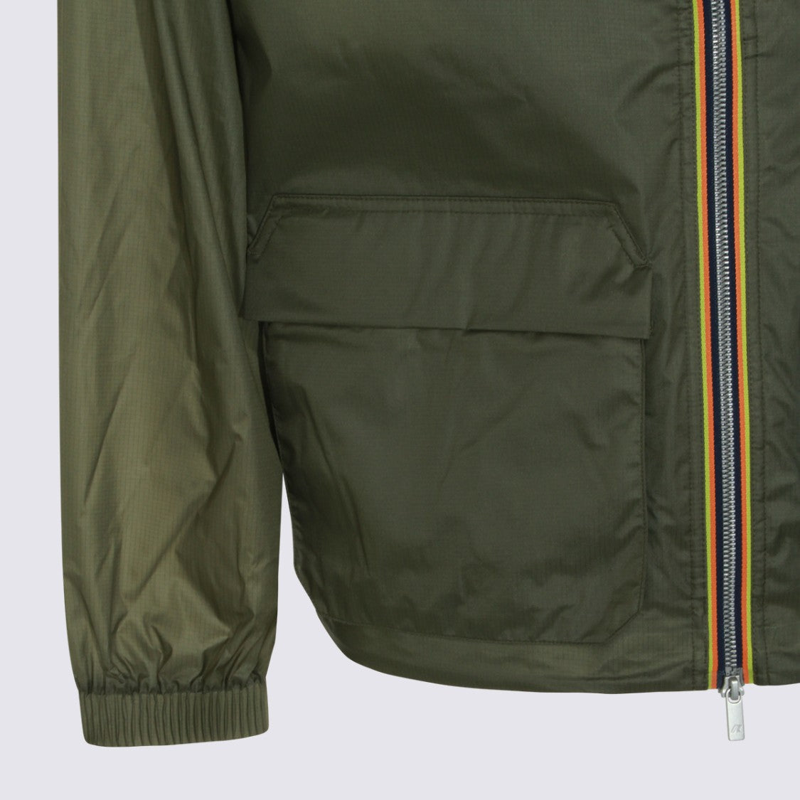 K-Way Translucent Olive Green Jacket With Multicolor Trim And Functional Pockets