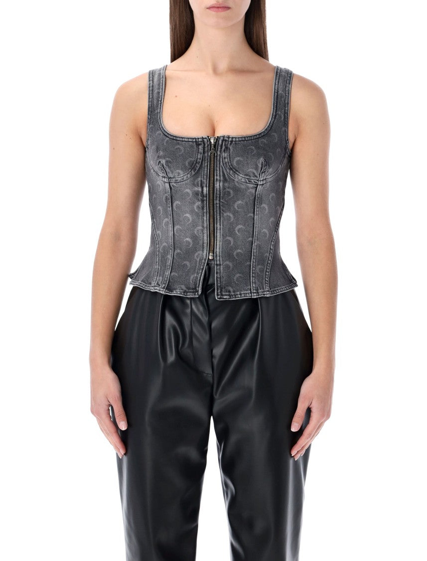 Marine Serre Moon Laser Grey Washed Denim Bustier Top