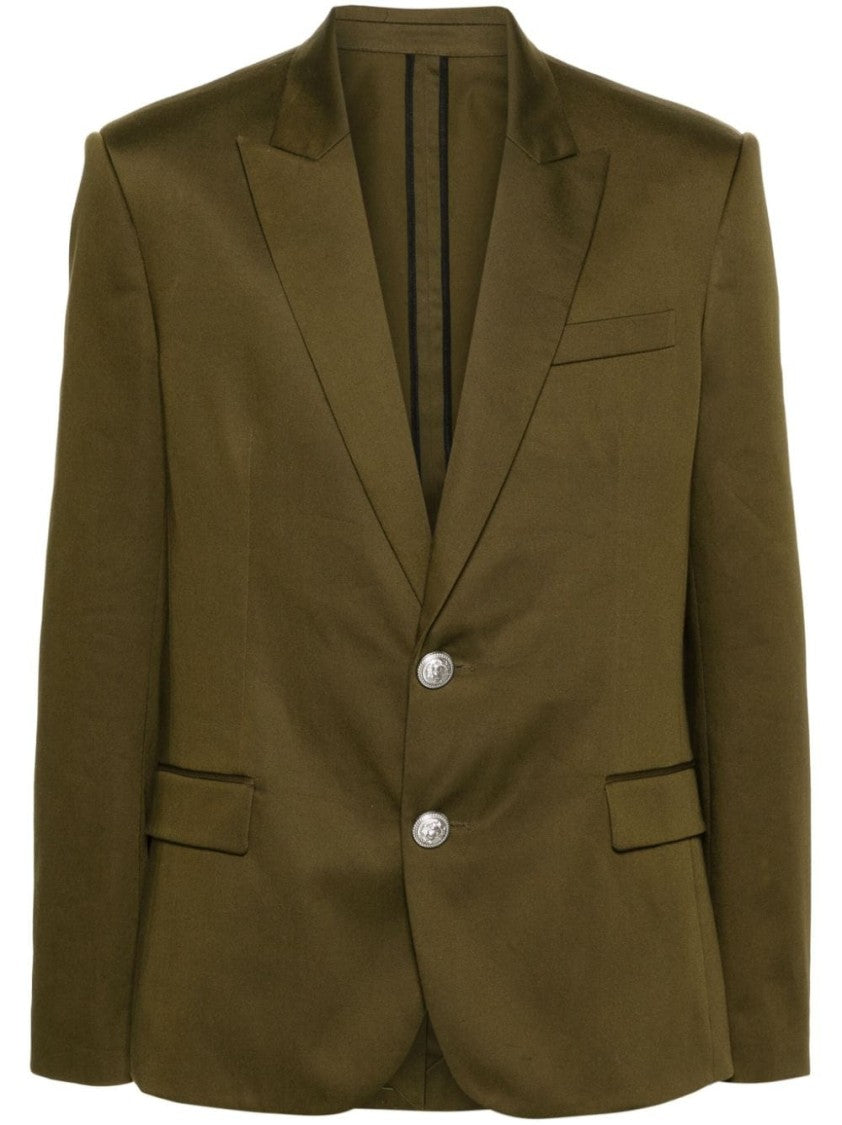 Balmain Peak Lapel Olive Green Cotton Gabardine Blazer