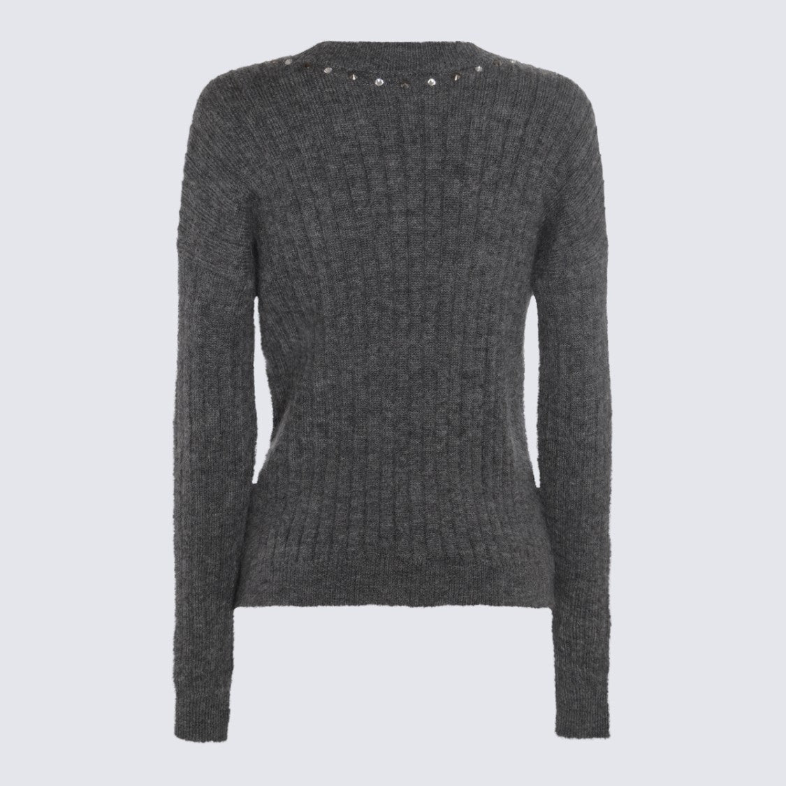 Alessandra Rich Deep V-Neck Ribbed Sweater With Metallic Stud Details