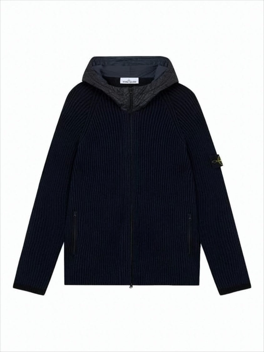 Stone Island Ribbed Knit Cardigan With Quilted Hood