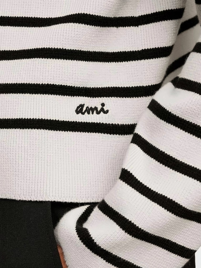 Ami Paris Cropped Striped Sweater With Crew Neckline And Embroidered Detail